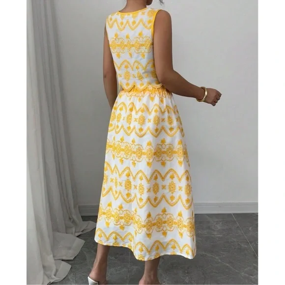 Boho Floral Embroidered Sleeveless High Waisted Midi Skirt Set Medium - Picture 2 of 7